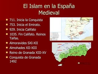 El Islam en la España Medieval 711. Inicia la Conquista 753. Inicia el Emirato. 929. Inicia Califato 1035. Fin Califato. Reinos Taifas. Almoravides SXI-XII Almohades XII-XIII Reino de Granada XIII-XV Conquista de Granada 1492 