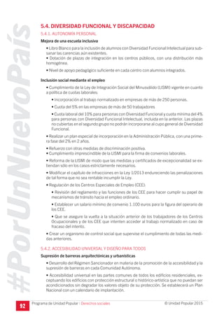 #PorUnNuevoPaís
Programa de Unidad Popular © Unidad Popular 2015
5.4. DIVERSIDAD FUNCIONAL Y DISCAPACIDAD
5.4.1. AUTONOMÍA PERSONAL
Mejora de una escuela inclusiva
• Libro Blanco para la inclusión de alumnos con Diversidad Funcional Intelectual para sub-
sanar las carencias aún existentes.
• Dotación de plazas de integración en los centros públicos, con una distribución más
homogénea.
• Nivel de apoyo pedagógico suficiente en cada centro con alumnos integrados.
Inclusión social mediante el empleo
• Cumplimiento de la Ley de Integración Social del Minusválido (LISMI) vigente en cuanto
a política de cuotas laborales:
• Incorporación al trabajo normalizado en empresas de más de 250 personas.
• Cuota del 5% en las empresas de más de 50 trabajadores
• Cuota laboral del 10% para personas con Diversidad Funcional y cuota mínima del 4%
para personas con Diversidad Funcional Intelectual, incluida en la anterior. Las plazas
no cubiertas en el segundo grupo no podrán incorporarse al cupo general de Diversidad
Funcional.
• Realizar un plan especial de incorporación en la Administración Pública, con una prime-
ra fase del 2% en 2 años.
• Refuerzo con otras medidas de discriminación positiva.
• Cumplimiento imprescindible de la LISMI para la firma de convenios laborales.
• Reforma de la LISMI de modo que las medidas y certificados de excepcionalidad se ex-
tiendan sólo en los casos estrictamente necesarios.
• Modificar el capítulo de infracciones en la Ley 1/2013 endureciendo las penalizaciones
de tal forma que no sea rentable incumplir la Ley.
• Regulación de los Centros Especiales de Empleo (CEE):
• Revisión del reglamento y las funciones de los CEE para hacer cumplir su papel de
mecanismos de tránsito hacia el empleo ordinario.
• Establecer un salario mínimo de convenio 1.100 euros para la figura del operario de
los CEE.
• Que se asegure la vuelta a la situación anterior de los trabajadores de los Centros
Ocupacionales y de los CEE que intenten acceder al trabajo normalizado en caso de
fracaso del intento.
• Crear un organismo de control social que supervise el cumplimiento de todas las medi-
das anteriores.
5.4.2. ACCESIBILIDAD UNIVERSAL Y DISEÑO PARA TODOS
Supresión de barreras arquitectónicas y urbanísticas
• Desarrollo del Régimen Sancionador en materia de la promoción de la accesibilidad y la
supresión de barreras en cada Comunidad Autónoma.
• Accesibilidad universal en las partes comunes de todos los edificios residenciales, ex-
ceptuando los edificios con protección estructural o histórico-artística que no puedan ser
acondicionados sin degradar los valores objeto de su protección. Se establecerá un Plan
Nacional con un calendario de implantación.
92
I Derechos sociales
 
