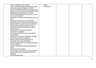 nombre y evitando los motes y apodos.                       -   Juegos
-   Cuando el profesorado tenga que ausentarse de clase         -   Documento 6
    el alumnado se quedará trabajando en silencio.
-   Todos los problemas que afecten al grupo-clase, serán
    tratados con el tutor o tutora en las asambleas de clase.
-   Respetaremos las pertenencias de los demás.
-   No debe existir discriminación por raza, sexo, ni con el
    menor o con el más débil.
-   Aportaremos a las clases el material escolar que se nos
    pida.
-   Cuidaremos de los libros que se nos entreguen.
-   No perturbaremos la marcha de la clase, respetando el
    ejercicio al derecho al estudio del resto del alumnado.
-   Aprovecharemos al máximo el tiempo de clase, y
    realizaremos los trabajos necesarios para seguir la
    marcha del curso.
-   Mantendremos una actitud de colaboración,
    compañerismo y solidaridad.
-   No tomaremos alimentos en clase. Las chucherías
    están prohibidas.
-   Cuidaremos el material y las instalaciones del colegio.
-   No pintaremos las mesas y las paredes.
-   Mantén la atención ante las explicaciones del
    profesorado. Será cuando más aprendas.
-   Expresa espontáneamente y sin miedo tus dudas ante
    lo que no entiendas.
-   Contesta a las preguntas cuando el profesorado te lo
    indique.
-   Guarda los turnos de palabras.
-   No te distraigas y presta atención a la tarea que estás
    realizando. Si hay buena concentración, hay buen
    aprendizaje.
-   Termina siempre la tarea.

                                                                                  8
 