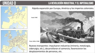 Rápida expansión por Europa, América y los imperios coloniales.
Nuevos transportes: impulsaron industrias (minería, metalurgia,
siderurgia, etc.), desarrollaron el comercio, favorecieron los
desplazamientos de personas, etc.
 