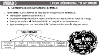 1. Taylorismo: nuevas formas de producción y organización del trabajo.
• Producción estandarizada en masa.
• Incremento de producción + reducción de costes + reducción en horas de trabajo.
• Trabajo en cadena  Trabajo dividido en pequeñas acciones o tareas.
• Aplicado temprano por Henry Ford  Coches más baratos  Mayores ventas.
2. La implantación de nuevas formas de trabajo
Producción
estandarizada
en masa
Mayor
productividad
Reducción de
costes
Reducción de
horas de trabajo
Producción
en cadena
TAYLORISMO
 