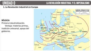 1. La Revolución Industrial en Europa
BÉLGICA
Primera industrialización.
Ventaja: materias primas,
tradición artesanal, apoyo del
gobierno.
 
