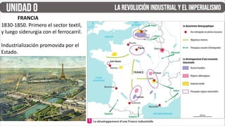 1830-1850. Primero el sector textil,
y luego siderurgia con el ferrocarril.
Industrialización promovida por el
Estado.
FRANCIA
 