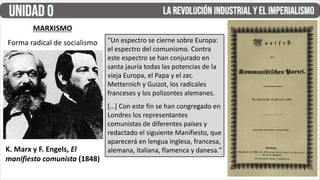 MARXISMO
Forma radical de socialismo “Un espectro se cierne sobre Europa:
el espectro del comunismo. Contra
este espectro se han conjurado en
santa jauría todas las potencias de la
vieja Europa, el Papa y el zar,
Metternich y Guizot, los radicales
franceses y los polizontes alemanes.
[…] Con este fin se han congregado en
Londres los representantes
comunistas de diferentes países y
redactado el siguiente Manifiesto, que
aparecerá en lengua inglesa, francesa,
alemana, italiana, flamenca y danesa.”
K. Marx y F. Engels, El
manifiesto comunista (1848)
 