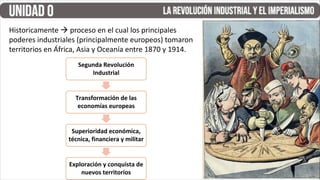 Historicamente à proceso en el cual los principales
poderes industriales (principalmente europeos) tomaron
territorios en África, Asia y Oceanía entre 1870 y 1914.
Segunda Revolución
Industrial
Transformación de las
economías europeas
Superioridad económica,
técnica, financiera y militar
Exploración y conquista de
nuevos territorios
 