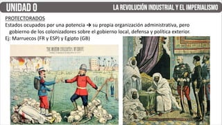 PROTECTORADOS
Estados ocupados por una potencia → su propia organización administrativa, pero
gobierno de los colonizadores sobre el gobierno local, defensa y política exterior.
Ej: Marruecos (FR y ESP) y Egipto (GB)
 