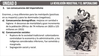 3. Las consecuencias del imperialismo
Enormes, y muy diferentes para las metrópolis (positivas
en su mayoría) y para las dominadas (negativas).
a) Consecuencias demográficas: mejoras en sanidad e
higiene → descenso de mortalidad y gran incremento
de la población (África: de 74 millones en 1820 a 125
millones en 1915)
b) Consecuencias sociales:
• Ruptura de la sociedad tradicional: colonizadores
controlaban la economía y la administración, y los
indígenas considerados inferiores, fue sometida y
marginada.
• Segregación social y racial.
 