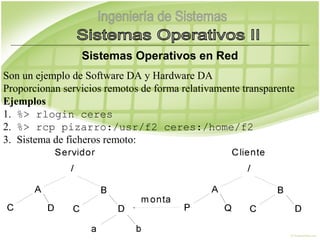 Sistemas Operativos en Red
Son un ejemplo de Software DA y Hardware DA
Proporcionan servicios remotos de forma relativamente transparente
Ejemplos
1. %> rlogin ceres
       



2. %> rcp pizarro:/usr/f2 ceres:/home/f2
       



3. Sistema de ficheros remoto:
 
       
 