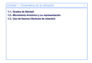 Unidad I – Cinemática de la vibración
1.1.- Grados de libertad
1.2.- Movimiento Armónico y su representación
1.3.- Uso de fasores (Vectores de rotación)
1
 