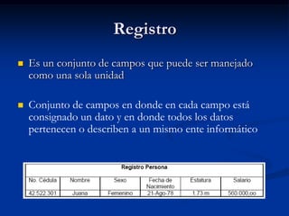 Registro Es un conjunto de campos que puede ser manejado como una sola unidadConjunto de campos en donde en cada campo está consignado un dato y en donde todos los datos pertenecen o describen a un mismo ente informático
