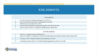 BIBLIOGRAFÍA
TEXTOS BÁSICOS
1 D. J. Eck; Introduction to Programming Using Java; 7a. ed.; 2016. 2 L
2 Cay S. Horstmann; Co...