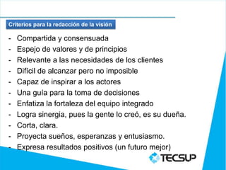 Criterios para la redacción de la visión

-   Compartida y consensuada
-   Espejo de valores y de principios
-   Relevante a las necesidades de los clientes
-   Difícil de alcanzar pero no imposible
-   Capaz de inspirar a los actores
-   Una guía para la toma de decisiones
-   Enfatiza la fortaleza del equipo integrado
-   Logra sinergia, pues la gente lo creó, es su dueña.
-   Corta, clara.
-   Proyecta sueños, esperanzas y entusiasmo.
-   Expresa resultados positivos (un futuro mejor)
 