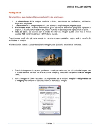 UNIDAD 2 IMAGEN DIGITAL

Práctica guiada 2.1

Características que afectan al tamaño del archivo de una imagen

    1. Las dimensiones de la imagen, anchura y altura, expresadas en centímetros, milímetros,
       pulgadas o en píxeles.
    2. La resolución de la imagen expresada, por ejemplo, en píxeles por pulgada (ppp).
    3. Profundidad de bit. Número de niveles de gris o de colores diferentes que puede representar
       un píxel. A mayor profunfidad de bit, mayor número de colores podrá representar un píxel.
    4. Modo de color. De acuerdo con el modo de color una imagen puede tener más o menos
       canales. RGB tiene tres canales y CMYK tiene cuatro.

Cuanto mayor es el valor de cada una de las características expresadas, mayor será el tamaño del
archivo de la imagen.

A continuación, vamos a utilizar la siguiente imagen para guardarla en distintos formatos.




    1. Guarda la imagen en la carpeta que hemos creado para el curso, haz clic sobre la imagen y en
       la nueva ventana haz clic derecho sobre la imagen y selecciona la opción Guardar imagen
       como...

    2. Abre la imagen en GIMP y accede a las propiedades de la imagen: Imagen --> Propiedades de
       la imagen para comprobar las características de nuestra imagen.




                                              Página 12
 