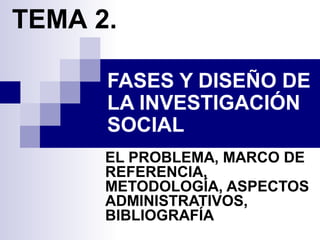 FASES Y DISEÑO DE
LA INVESTIGACIÓN
SOCIAL
TEMA 2.
EL PROBLEMA, MARCO DE
REFERENCIA,
METODOLOGÍA, ASPECTOS
ADMINISTRATIVOS,
BIBLIOGRAFÍA
 