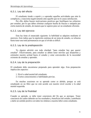 Metodología del Aprendizaje
36
6.2.1. Ley del efecto
El estudiante tiende a repetir y a aprender aquellas actividades que más le
complacen, y reacciona negativamente ante aquello que no le causa satisfacción.
Por ello, debes buscar motivaciones positivas que Justifiquen tus esfuerzos
por estudiar, por lo que debes eliminar cualquier huella de fracaso o antipatía por
cierta materia de estudio, de manera que te superes para ser un estudiante eficiente.
6.2.2. Ley del ejercicio
Esta ley tiene el enunciado siguiente: la habilidad se adquiere mediante el
ejercicio. Esto indica que la repetición continua de un tema de estudio, se refuerza
hasta tener una total permanencia en que el olvido es difícil.
6.2.3. Ley de la predisposición
Ya alguien advirtió con toda claridad: "para estudiar hay que querer
estudiar". Efectivamente, para estudiar se deben tener móviles que despierten y
estimulen nuestra actitud hacia el estudio y estar convencidos de la necesidad
existente de estudiar y aprender.
6.2.4. Ley de la preparación
El estudiante debe encontrarse preparado para aprender algo. Esta preparación
implica dos aspectos:
1. Nivel o edad mental del estudiante.
2. Ciertos conocimientos o habilidades previas.
En muchas ocasiones no se aprende como es debido, porque se está
estudiando en un libro que no está acorde con nuestro nivel escolar o la edad
mental requerida.
6.2.5. Ley de la finalidad
Cuando se aprende, se debe tener conciencia del fin que se persigue. Tener
conciencia de cuáles deberán ser los resultados y beneficios del estudio, contribuirá
a darle un sentido positivo en todos los órdenes a nuestra labor como estudiante.
 