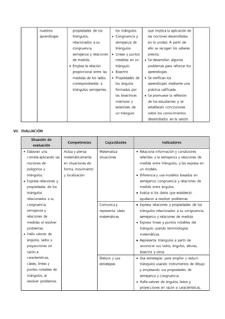 nuestros
aprendizajes
propiedades de los
triángulos,
relacionados a su
congruencia,
semejanza y relaciones
de medida.
 Emplea la relación
proporcional entre las
medidas de los lados
correspondientes a
triángulos semejantes.
los triángulos
 Congruencia y
semejanza de
triángulos
 Líneas y puntos
notables en un
triángulo
 Bisectriz
 Propiedades de
los ángulos
formados por
las bisectrices
interiores y
exteriores de
un triángulo
que implica la aplicación de
las nociones desarrolladas
en la unidad. A partir de
ello se recogen los saberes
previos.
 Se desarrollan algunos
problemas para reforzar los
aprendizajes.
 Se verifican los
aprendizajes mediante una
práctica calificada.
 Se promueve la reflexión
de los estudiantes y se
establecen conclusiones
sobre los conocimientos
desarrollados en la sesión.
VII. EVALUACIÓN
Situación de
evaluación
Competencias Capacidades Indicadores
 Elaboran una
cometa aplicando las
nociones de
polígonos y
triángulos.
 Expresa relaciones y
propiedades de los
triángulos
relacionados a su
congruencia,
semejanza y
relaciones de
medidas al resolver
problemas.
 Halla valores de
ángulos, lados y
proyecciones en
razón a
características,
clases, líneas y
puntos notables de
triángulos, al
resolver problemas.
Actúa y piensa
matemáticamente
en situaciones de
forma, movimiento
y localización
Matematiza
situaciones
 Relaciona información y condiciones
referidas a la semejanza y relaciones de
medida entre triángulos, y las expresa en
un modelo.
 Diferencia y usa modelos basados en
semejanza, congruencia y relaciones de
medida entre ángulos.
 Evalúa si los datos que estableció
ayudaron a resolver problemas.
Comunica y
representa ideas
matemáticas
 Expresa relaciones y propiedades de los
triángulos relacionados a su congruencia,
semejanza y relaciones de medida.
 Expresa líneas y puntos notables del
triángulo usando terminologías
matemáticas.
 Representa triángulos a partir de
reconocer sus lados, ángulos, alturas,
bisectriz y otros.
Elabora y usa
estrategias
 Usa estrategias para ampliar y reducir
triángulos usando instrumentos de dibujo
y empleando sus propiedades de
semejanza y congruencia.
 Halla valores de ángulos, lados y
proyecciones en razón a características,
 