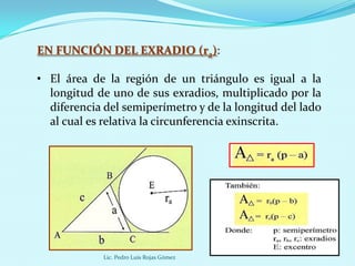 EN FUNCIÓN DEL EXRADIO (ra):

• El área de la región de un triángulo es igual a la
  longitud de uno de sus exradios, multiplicado por la
  diferencia del semiperímetro y de la longitud del lado
  al cual es relativa la circunferencia exinscrita.




             Lic. Pedro Luis Rojas Gómez
 