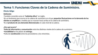 Efecto látigo
Definición
•También conocido como el "bullwhip effect" en inglés.
•Es un fenómeno que ocurre en la cadena de suministro en el que pequeñas fluctuaciones en la demanda de los
clientes se amplifican a medida que se mueven hacia arriba en la cadena de suministro.
•Es el producto de una demanda distorsionada en cada nivel de la cadena.
¿Por qué ocurre?
•Falta de información y comunicación entre los distintos niveles de la cadena de suministro.
•Variabilidad en los plazos de entrega.
•Falta de coordinación entre los proveedores y los minoristas.
Tema 1: Funciones Claves de la Cadena de Suministro.
 