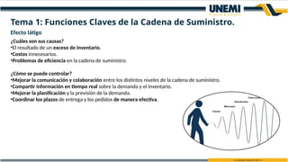 Efecto látigo
¿Cuáles son sus causas?
•El resultado de un exceso de inventario.
•Costos innecesarios.
•Problemas de eficiencia en la cadena de suministro.
¿Cómo se puede controlar?
•Mejorar la comunicación y colaboración entre los distintos niveles de la cadena de suministro.
•Compartir información en tiempo real sobre la demanda y el inventario.
•Mejorar la planificación y la previsión de la demanda.
•Coordinar los plazos de entrega y los pedidos de manera efectiva.
Tema 1: Funciones Claves de la Cadena de Suministro.
 