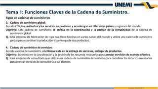 Tipos de cadenas de suministros
3. Cadena de suministro global:
En esta CDS, los productos y los servicios se producen y se entregan en diferentes países y regiones del mundo.
Objetivo: Esta cadena de suministro se enfoca en la coordinación y la gestión de la complejidad de la cadena de
suministro global.
Ej.: Una empresa de fabricación de ropa que tiene fábricas en varios países del mundo y utiliza una cadena de suministro
global para coordinar la producción y la entrega de sus productos.
4. Cadena de suministro de servicios:
En esta cadena de suministro, el enfoque está en la entrega de servicios, en lugar de productos.
Objetivo: Se enfoca en la coordinación y la gestión de los recursos necesarios para prestar servicios de manera efectiva.
Ej.: Una empresa de consultoría que utiliza una cadena de suministro de servicios para coordinar los recursos necesarios
para prestar servicios de consultoría a sus clientes.
Tema 1: Funciones Claves de la Cadena de Suministro.
 