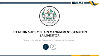 RELACIÓN SUPPLY CHAIN MANAGEMENT (SCM) CON
LA LOGÍSTICA
Tema 1: Funciones Claves de la Cadena de Suministro.
 