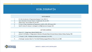 BIBLIOGRAFÍA
TEXTOS BÁSICOS
1 D. J. Eck; Introduction to Programming Using Java; 7a. ed.; 2016. 2 L
2 Cay S. Horstmann; Co...