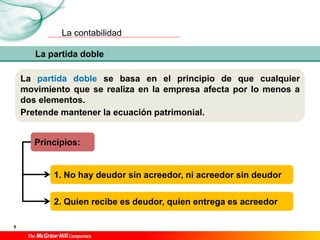 La contabilidad
9
Principios:
La partida doble
1. No hay deudor sin acreedor, ni acreedor sin deudor
2. Quien recibe es deudor, quien entrega es acreedor
La partida doble se basa en el principio de que cualquier
movimiento que se realiza en la empresa afecta por lo menos a
dos elementos.
Pretende mantener la ecuación patrimonial.
 