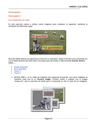 UNIDAD 3 LAS CAPAS

Prácticas guiadas 3

Práctica guiada 3.1

Una composición con capas

En este ejercicio vamos a utilizar varias imágenes para componer la siguiente, mediante la
utilización de diferentes capas.




Para ello debes obtener los siguientes archivos en tu ordenador, desde el CD del curso y haciendo clic
con el botón derecho del ratón sobre los enlaces que allí existen y seleccionando Guardar destino
como....

       Ovejas pastando.
       Perro guardián.
       Texto 1.
       Texto 2.

    1. Abrimos GIMP y, en él, todas las imágenes que acabamos de guardar. Las cuatro imágenes se
       muestran cada una en su Ventana imagen. Primero vamos a trabajar con la imagen
       "ovejas.xcf", que la usaremos de fondo para ir colocando en ella el resto de las imágenes.




                                              Página 41
 