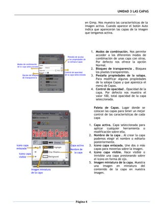 UNIDAD 3 LAS CAPAS


      en Gimp. Nos muestra las características de la
      imagen activa. Cuando aparece el botón Auto
      indica que aparecerán las capas de la imagen
      que tengamos activa.




            1. Modos de combinación. Nos permite
               acceder a los diferentes modos de
               combinación de unas caps con otras.
               Por defecto nos ofrece la opción
               Normal.
            2. Bloqueo de transparencia . Bloquea
               los píxeles transparentes.
            3. Pestaña propiedades de la solapa.
               Para modificar algunas propiedades
               de la solapa Capas y que aparezca el
               menú de Capas.
            4. Control de opacidad . Opacidad de la
               capa. Por defecto nos muestra el
               valor 100, total opacidad de la capa
               seleccionada.

              Paleta de Capas. Lugar donde se
              colocan las capas para tener un mejor
              control de las características de cada
              capa

           1. Capa activa. Capa seleccionada para
              aplicar cualquier herramienta o
              modificación sobre ella.
           2. Nombre de la capa . Al crear la capa
              podemos elegir el nombre o editarlo
              posteriormente.
           3. Icono capa enlazada. Une dos o más
              capas para moverlas sobre la imagen.
           4. Icono capa visible. Hace visible o
              invisible una capa presionando sobre
              el icono en forma de ojo.
           5. Imagen miniatura de la capa. Muestra
              una imagen en miniatura del
              contenido de la capa en nuestra
              imagen.




Página 4
 
