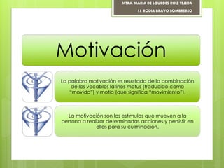 Motivación
La palabra motivación es resultado de la combinación
de los vocablos latinos motus (traducido como
“movido”) y motio (que significa “movimiento”).
La motivación son los estímulos que mueven a la
persona a realizar determinadas acciones y persistir en
ellas para su culminación.
MTRA. MARIA DE LOURDES RUIZ TEJEDA
I.I. RODIA BRAVO SOMBREREO
 