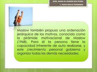 Maslow también propuso una ordenación
jerárquica de los motivos, conocida como
la pirámide motivacional de Maslow
(1968). Para él la persona tiene la
capacidad inherente de auto realizarse, y
este crecimiento personal gobierna y
organiza todas las demás necesidades.
MTRA. MARIA DE LOURDES RUIZ TEJEDA
I.I. RODIA BRAVO SOMBREREO
 