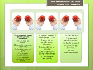 Veamos quince claves
para mejorar la
autoestima:
1. No idealizar a los
demás.
2.Evaluar las cualidades
y defectos.
3.Cambiar lo que no
guste.
4.Controlar los
pensamientos.
5. No buscar la
aprobación de los
demás.
6. Tomar las riendas
de la propia vida.
7. Afrontar los
problemas sin
demora.
8. Aprender de los
errores.
9.Practicar nuevos
comportamientos.
10. No exigirse
demasiado.
11. Darse permisos.
12. Aceptar el
propio cuerpo.
13. Cuidar la salud.
14. Disfrutar del
presente.
15. Ser
independientes
MTRA. MARIA DE LOURDES RUIZ TEJEDA
I.I. RODIA BRAVO SOMBREREO
 