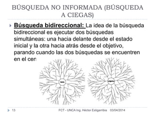 03/04/2014FCT - UNCA Ing. Héctor Estigarribia13
BÚSQUEDA NO INFORMADA (BÚSQUEDA
A CIEGAS)
 Búsqueda bidireccional: La idea de la búsqueda
bidireccional es ejecutar dos búsquedas
simultáneas: una hacia delante desde el estado
inicial y la otra hacia atrás desde el objetivo,
parando cuando las dos búsquedas se encuentren
en el centro.
 