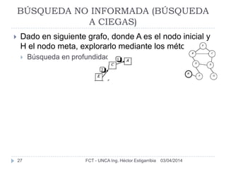 03/04/2014FCT - UNCA Ing. Héctor Estigarribia27
BÚSQUEDA NO INFORMADA (BÚSQUEDA
A CIEGAS)
 Dado en siguiente grafo, donde A es el nodo inicial y
H el nodo meta, explorarlo mediante los métodos:
 Búsqueda en profundidad:
 