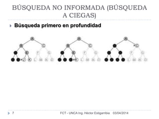 03/04/2014FCT - UNCA Ing. Héctor Estigarribia7
 Búsqueda primero en profundidad
BÚSQUEDA NO INFORMADA (BÚSQUEDA
A CIEGAS)
 
