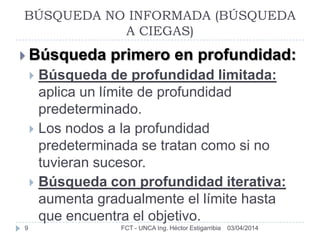 03/04/2014FCT - UNCA Ing. Héctor Estigarribia9
 Búsqueda primero en profundidad:
 Búsqueda de profundidad limitada:
aplica un límite de profundidad
predeterminado.
 Los nodos a la profundidad
predeterminada se tratan como si no
tuvieran sucesor.
 Búsqueda con profundidad iterativa:
aumenta gradualmente el límite hasta
que encuentra el objetivo.
BÚSQUEDA NO INFORMADA (BÚSQUEDA
A CIEGAS)
 
