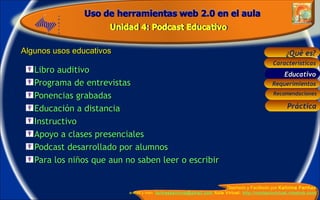 Algunos usos educativos Libro auditivo Programa de entrevistas Ponencias grabadas Educación a distancia Instructivo Apoyo a clases presenciales Podcast desarrollado por alumnos Para los niños que aun no saben leer o escribir. Educativo 