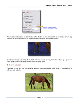 UNIDAD 5 MÁSCARAS Y SELECCIONES




Pintamos sobre las zonas del caballo que estén dentro de la máscara azul. Cada vez que pintamos y
soltamos el ratón veremos que se amplía la zona que hemos denominado "frente".




Cuando creamos que tenemos fuera de la máscara azul todas las partes del caballo que queremos
tener seleccionadas, debemos comenzar con el tercer paso.

3. Hacer la selección.

Este paso es muy sencillo. Simplemente debemos presionar la tecla Intro (Enter) y obtendremos la
selección del caballo.




                                            Página 21
 