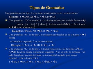 Tipos de Gramática
Una gramática es de tipo 0 si no tiene restricciones en las producciones.
Ejemplo : S aAB, AB a , A b, B AB
 Una gramática “G” es de tipo 1 si cualquier producción es de la forma αβ
donde | α | <=| β | (Las || indican cardinalidad) , o de la forma
α  ‫ ג )ג‬es cadena vacía)
Ejemplo: S aAB, AB bB, B b, A aB
 Una gramática “G” es de tipo 2 si cualquier producción es de la forma A  β
donde
el miembro izquierdo A es un no terminal.
Ejemplo: S aA, A aAB, B b, A a
 Una gramática “G” es de tipo 3 si toda producción es de la forma A a o
AaB, Es decir donde el miembro izquierdo A es un solo no terminal y el
lado derecho es un solo terminal , o un terminal seguido por un no
terminal , o de la forma S ‫ג‬
S aB, B bA, B b, B a, A aB, A a

 
