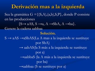 Derivación mas a la izquierda
Sea la gramática G ={(S,A),(a,b),S,P}, donde P consiste
en las producciones
{S→ aAS, S →a, A →SbA, A →ba}.
Genere la cadena aabbaa
Solución.
S → aAS →aSbAS(La A mas a la izquierda se sustituye
por SbA)
→ aabAS(la S más a la izquierda se sustituye
por a)
→aabbaS (la A más a la izquierda se sustituye
por ba)
→aabbaa (S se sustituye por a)

 