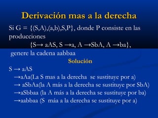 Derivación mas a la derecha
Si G = {(S,A),(a,b),S,P}, donde P consiste en las
producciones
{S→ aAS, S →a, A →SbA, A →ba},
genere la cadena aabbaa
Solución
S → aAS
→aAa(La S mas a la derecha se sustituye por a)
→ aSbAa(la A más a la derecha se sustituye por SbA)
→aSbbaa (la A más a la derecha se sustituye por ba)
→aabbaa (S máa a la derecha se sustituye por a)

 