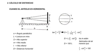 2. CÁLCULO DE DISTANCIAS
CUANDO EL ANTEOJO ES HORIZONTAL
α = Ángulo paraláctico
L = Lectura en mira
S = Hilo superior
m = Hilo medio
I = Hilo inferior
D = Distancia horizontal
tan
α
2
=
𝐿/2
𝐷
D =
𝐿
2
.
1
tan
α
2
=
𝐿
2
. cot
α
2
D = L [
1
2
. cot
α
2
], los ₼ están
fabricados de tal
D = 100 L manera que:
1
2
. cot
α
2
= 100
 