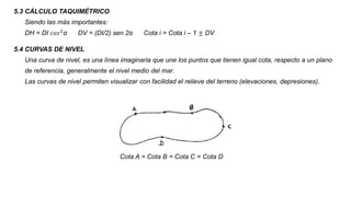 5.3 CÁLCULO TAQUIMÉTRICO
Siendo las más importantes:
DH = DI 𝑐𝑜𝑠2
α DV = (DI/2) sen 2α Cota i = Cota i – 1 ± DV
5.4 CURVAS DE NIVEL
Una curva de nivel, es una línea imaginaria que une los puntos que tienen igual cota, respecto a un plano
de referencia, generalmente el nivel medio del mar.
Las curvas de nivel permiten visualizar con facilidad el relieve del terreno (elevaciones, depresiones).
Cota A = Cota B = Cota C = Cota D
 