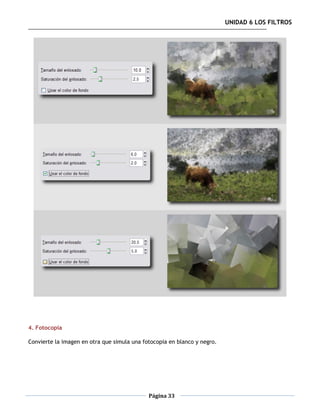 UNIDAD 6 LOS FILTROS




4. Fotocopia

Convierte la imagen en otra que simula una fotocopia en blanco y negro.




                                             Página 33
 
