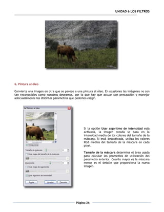 UNIDAD 6 LOS FILTROS




6. Pintura al óleo

Convierte una imagen en otra que se parece a una pintura al óleo. En ocasiones las imágenes no son
tan reconocibles como nosotros deseamos, por lo que hay que actuar con precaución y manejar
adecuadamente los distintos parámetros que podemos elegir.




                                                  Si la opción Usar algoritmo de intensidad está
                                                  activada, la imagen creada se basa en la
                                                  intensidad media de los colores del tamaño de la
                                                  máscara. Si está desactivada, utiliza los valores
                                                  RGB medios del tamaño de la máscara en cada
                                                  píxel.

                                                  Tamaño de la máscara determina el área usada
                                                  para calcular los promedios de utilización del
                                                  parámetro anterior. Cuanto mayor es la máscara
                                                  menor es el detalle que proporciona la nueva
                                                  imagen.




                                            Página 36
 