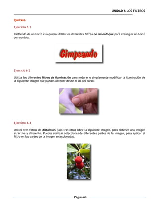 UNIDAD 6 LOS FILTROS

Ejercicios 6

Ejercicio 6.1

Partiendo de un texto cualquiera utiliza los diferentes filtros de desenfoque para conseguir un texto
con sombra.




Ejercicio 6.2

Utiliza los diferentes filtros de iluminación para mejorar o simplemente modificar la iluminación de
la siguiente imagen que puedes obtener desde el CD del curso.




Ejercicio 6.3

Utiliza tres filtros de distorsión (uno tras otro) sobre la siguiente imagen, para obtener una imagen
atractiva y diferente. Puedes realizar selecciones de diferentes partes de la imagen, para aplicar el
filtro en las partes de la imagen seleccionadas.




                                              Página 64
 