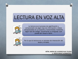 LECTURA EN VOZ ALTA
La lectura es el proceso de significación y
comprensión de algún tipo de información o ideas
almacenadas en un soporte y transmitidas mediante
algún tipo de código, usualmente un lenguaje, que
puede ser visual o táctil.
Por lo que la lectura es un proceso de interacción del
lector y el texto.
MTRA. MARIA DE LOURDES RUIZ TEJEDA
I.I. RODIA BRAVO SOMBREREO
 
