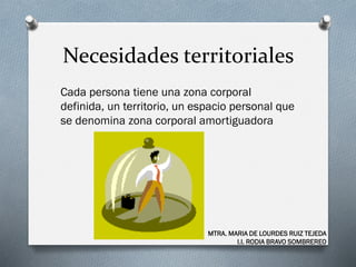 Necesidades territoriales
Cada persona tiene una zona corporal
definida, un territorio, un espacio personal que
se denomina zona corporal amortiguadora
MTRA. MARIA DE LOURDES RUIZ TEJEDA
I.I. RODIA BRAVO SOMBREREO
 