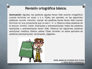 Revisión ortográfica básica.
MTRA. MARIA DE LOURDES RUIZ TEJEDA
I.I. RODIA BRAVO SOMBREREO
Acentuación: Agudas: las palabras agudas llevan tilde (acento ortográfico)
cuando terminan en vocal, n o s. Fíjate, por ejemplo, en las siguientes
palabras: ocurrió, mención. Llanas: las palabras llanas llevan tilde cuando
terminan en una consonante que no sea n ni s. Observa estas palabras de
la lectura: inmóvil, mártir. Esdrújulas y sobreesdrújulas: todas las palabras
esdrújulas y sobresdrújulas llevan tilde. Observa las siguientes palabras
esdrújulas: metálico, fósforo, pálida. Fíjate, también, en estos ejemplos de
palabras sobresdrújulas: cómpraselo, págaselo.
 