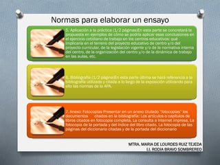Normas para elaborar un ensayo
MTRA. MARIA DE LOURDES RUIZ TEJEDA
I.I. RODIA BRAVO SOMBREREO
5. Aplicación a la práctica (1/2 páginas)En esta parte se concretará la
propuesta en ejemplos de cómo se podría aplicar esas conclusiones en
el ejercicio cotidiano de trabajo en los centros educativos: qué
implicaría en el terreno del proyecto educativo de centro y/o del
proyecto curricular, de la legislación vigente y/o de la normativa interna
del centro, de la organización del centro y/o de la dinámica de trabajo
en las aulas, etc.
6. Bibliografía (1/2 página)En esta parte última se hará referencia a la
bibliografía utilizada y citada a lo largo de la exposición utilizando para
ello las normas de la APA.
7. Anexo: Fotocopias Presentar en un anexo titulado “fotocopias” los
documentos citados en la bibliografía: Los artículos o capítulos de
libros citados en fotocopia completa, La consulta a Internet impresa, La
fotocopia de la portada y del índice del libro citado, La fotocopia de las
páginas del diccionario citadas y de la portada del diccionario
 